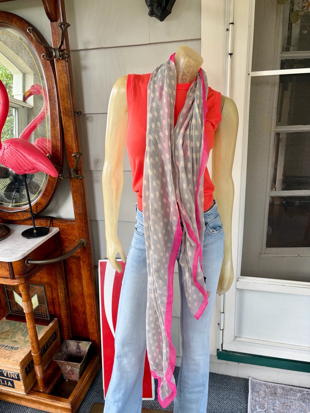 Passigatti Italian Light Gray Polka Dot Scarf with Hot Pink Trim